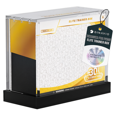 A Dinavio Elite Trainer Box with a clear acrylic display case, white patterned interior, yellow and black side panels, and a black base on a white background.